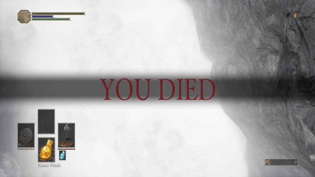 A screenshot of the computer game, Dark Souls, with the text "you died" in bold red lettering across the centre. 